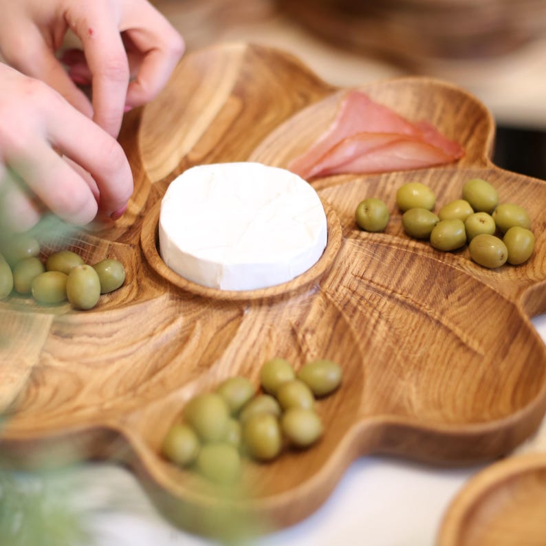 Appetizer Plate for Summer Picnics and BBQ, Rustic Snack Wooden Dish with Sections and Dip Bowl, Outdoor Charcuterie Serving Tray Gift