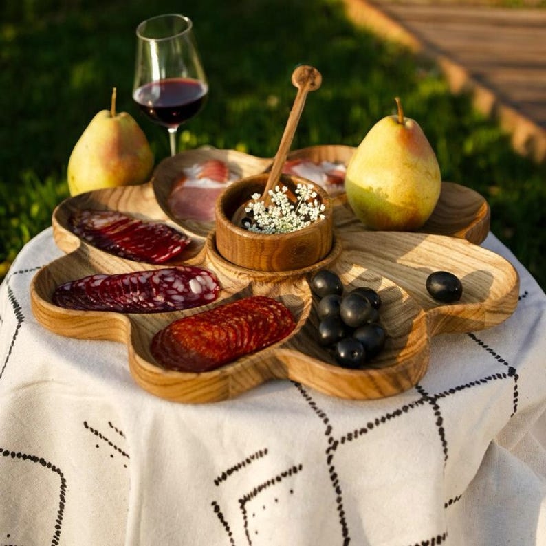 Appetizer Plate for Summer Picnics and BBQ, Rustic Snack Wooden Dish with Sections and Dip Bowl, Outdoor Charcuterie Serving Tray Gift