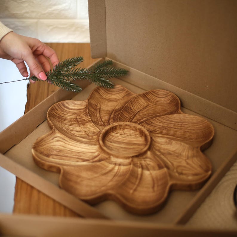 Appetizer Plate for Summer Picnics and BBQ, Rustic Snack Wooden Dish with Sections and Dip Bowl, Outdoor Charcuterie Serving Tray Gift